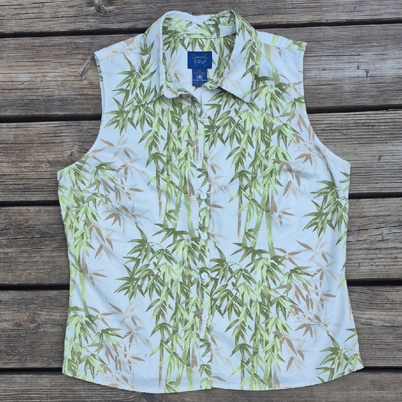 Charter Club Green Bamboo Print Sleeveless Shirt - Picture 1 of 14